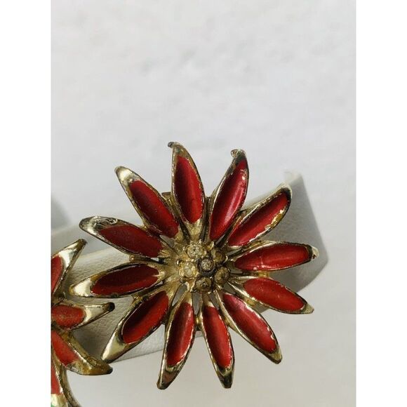 Vintage Red Enamel Sunflower Rhinestone Gold Tone Clip On Button Earrings - Picture 9 of 10